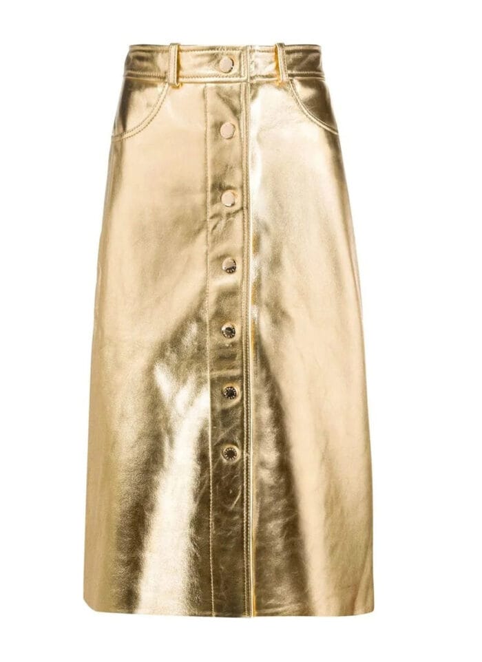 A-Line Midi Golden Leather Skirt for Women