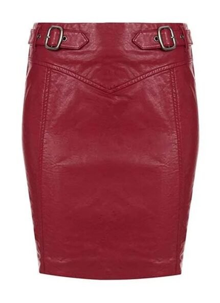 Red Buckled Leather Knee Skirt