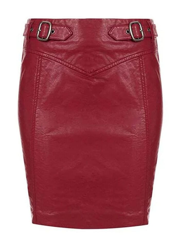 Red Buckled Leather Knee Skirt