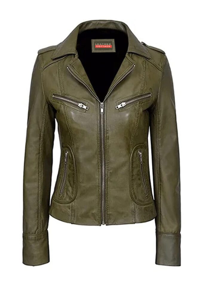 Green Biker Style Genuine Leather Jacket For Women