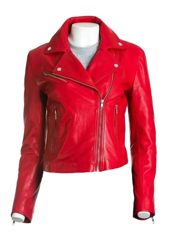 Red Ladies Biker Leather Jacket