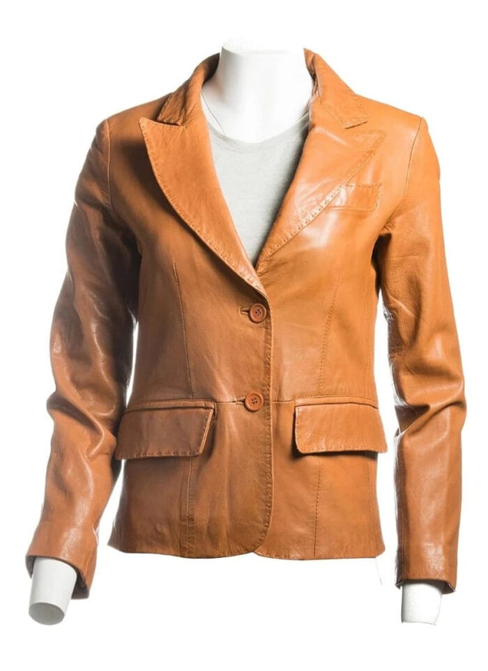 Women Tan Brown Leather Blazer