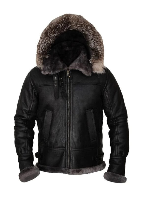 Men Black Biker Shearling Leather Jacket with Hoodie