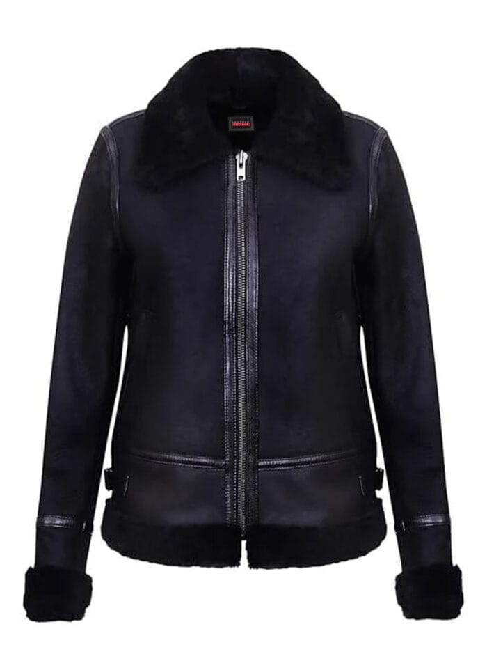 Black Shearling Fur - Black Sheepskin Leather Jacket for Women