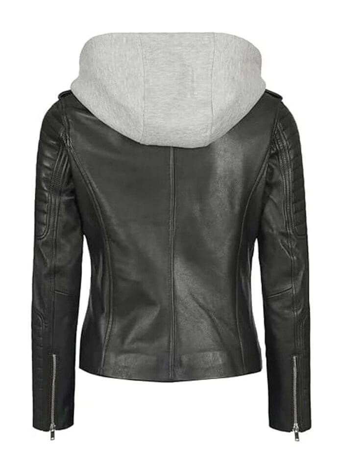 Black Hooded Leather Jacket for Women