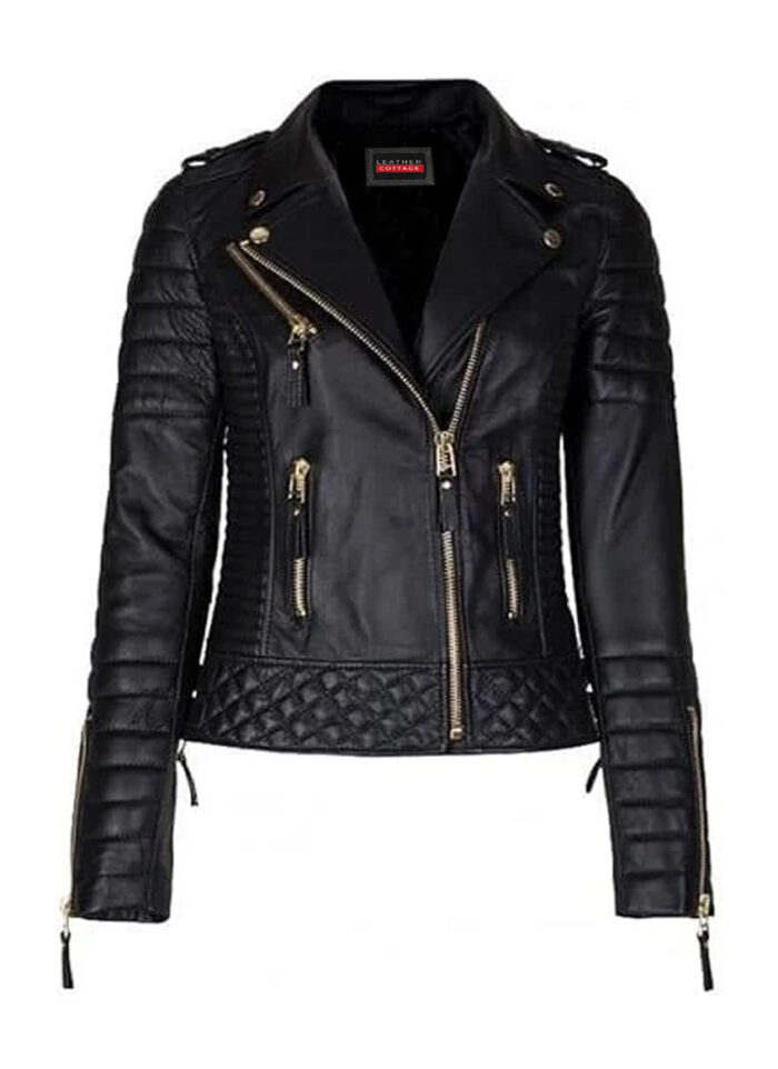 Ladies Biker Distressed Black Leather Jacket