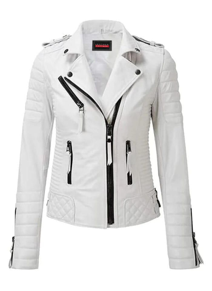 Ladies White Leather Motorcycle Jacket