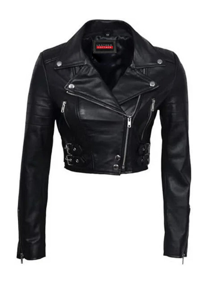 Women Chic Black Cropped Leather Biker Jacket