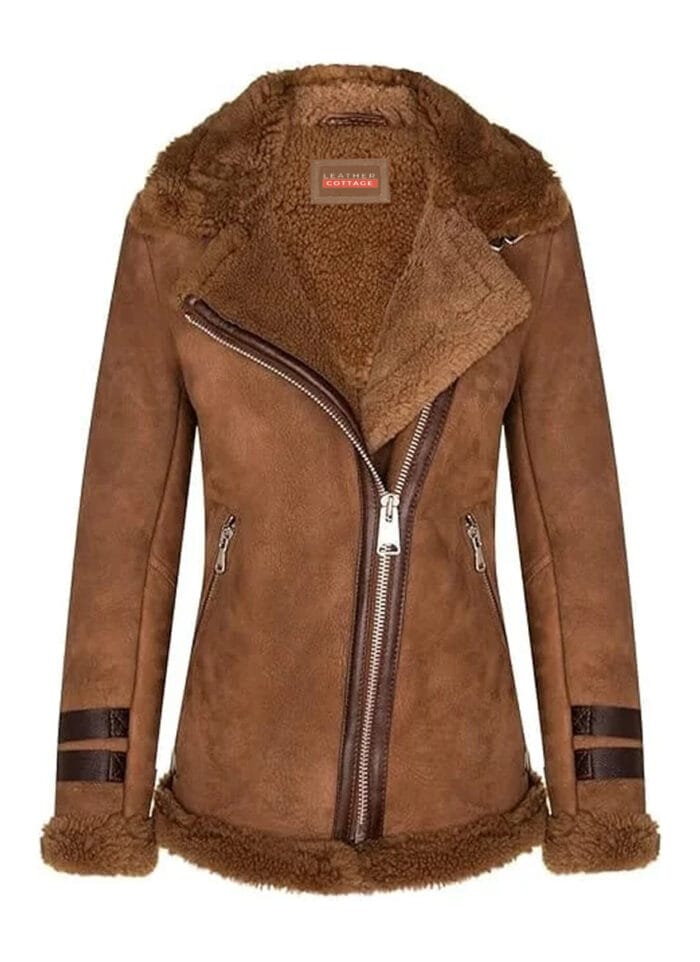 Brown Sheepskin Leather Jacket for Women - Shearing Fur