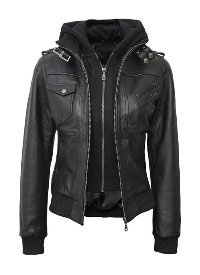 Women's Black Hooded Bomber Leather Jacket