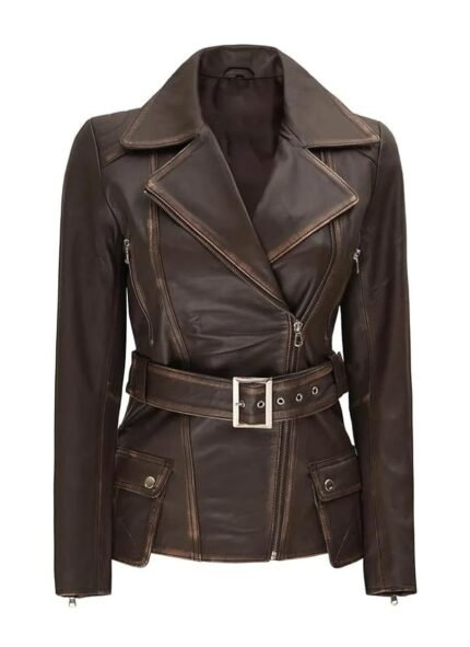 Women's Dark Brown Leather Biker Long Jacket