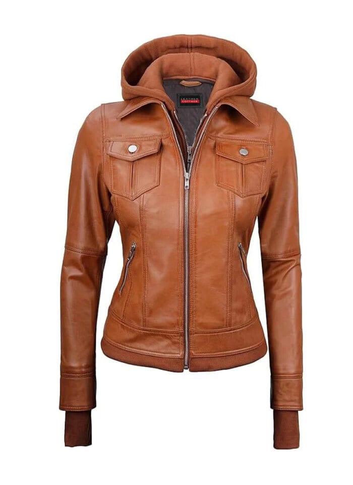 Women's Tan Leather Jacket With Detachable Hood