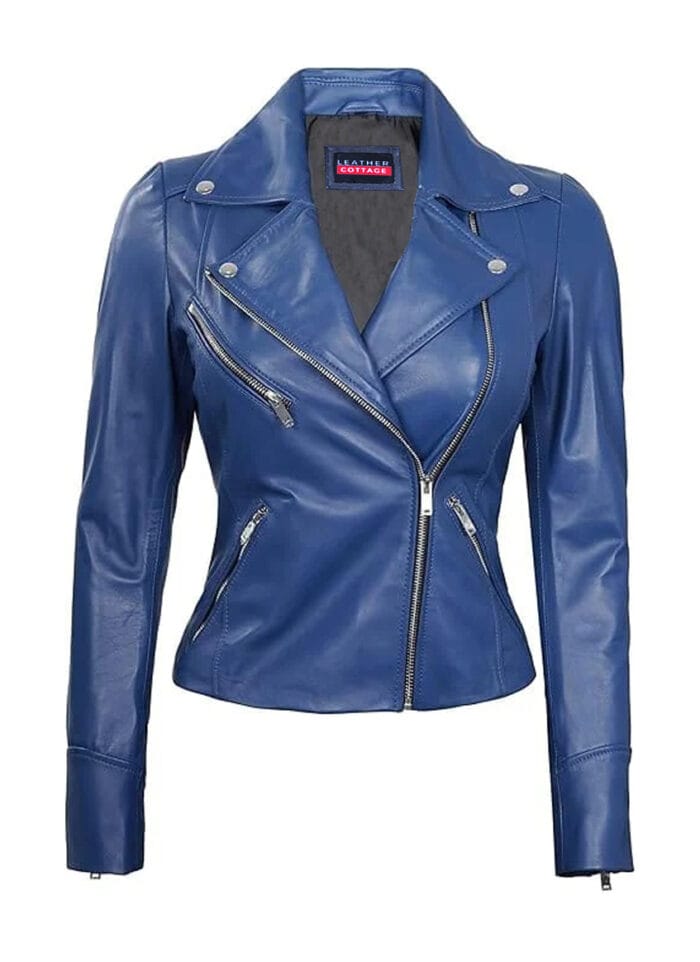 Women's Real Lambskin Leather Blue Moto Jacket