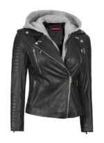 Black Hooded Leather Jacket for Women