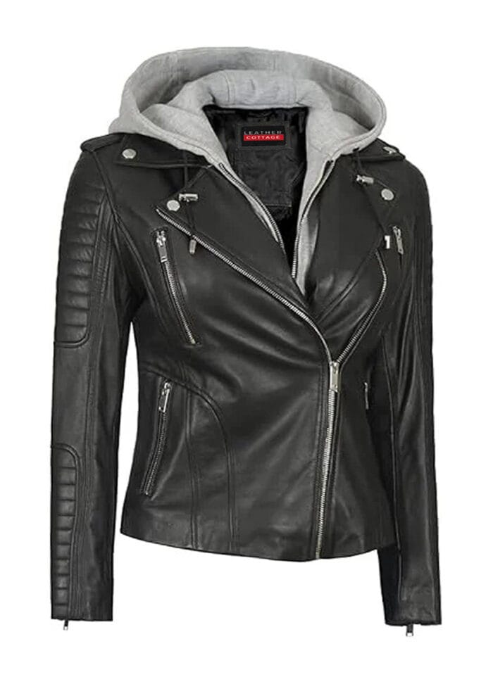 Black Hooded Leather Jacket for Women