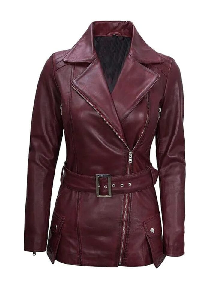 Women's Maroon Biker Leather Jacket - Real Leather Jacket