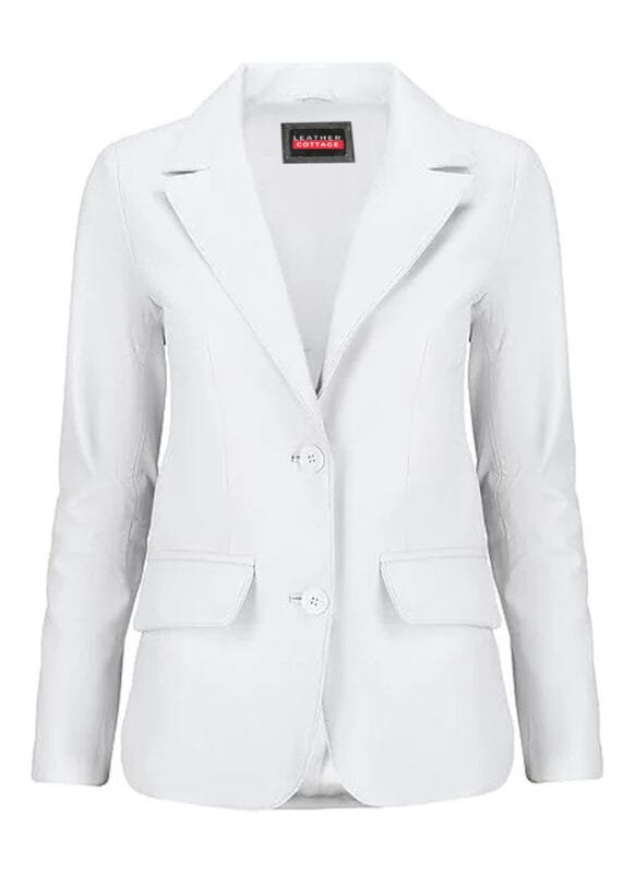White Long Coat Lambskin Leather Blazer for Women