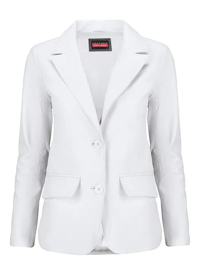 White Long Coat Lambskin Leather Blazer for Women