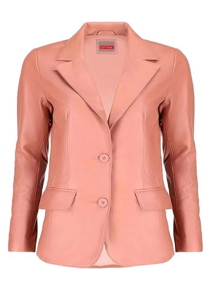 Women's Pink 2-Button Lambskin Leather Long Sleeves Blazer