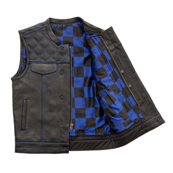 Black Leather Vest in Blue Thread