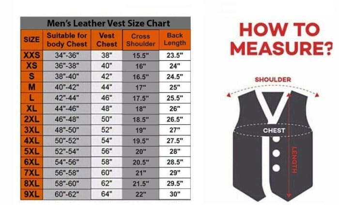 Size Chart for Men's Leather Vest