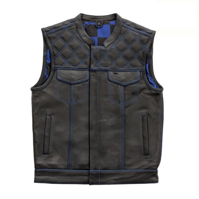 Black Leather Vest in Blue Thread