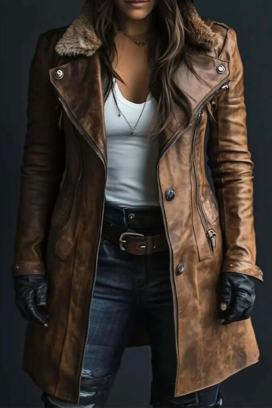 Women’s Vintage Distressed Brown Leather Coat