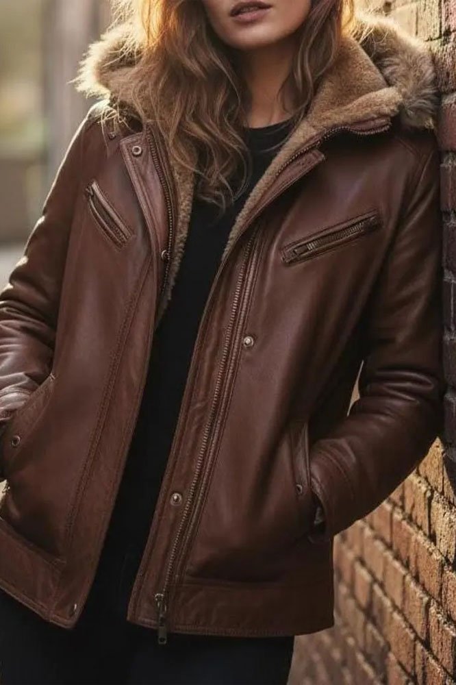 Women's Brown Leather Shearling Coat