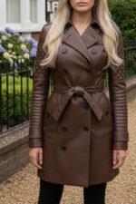 Women's Handmade Brown Leather Trench Coat