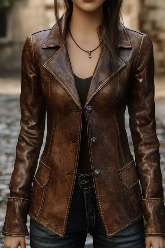 Women’s Vintage Distressed Brown Leather Coat