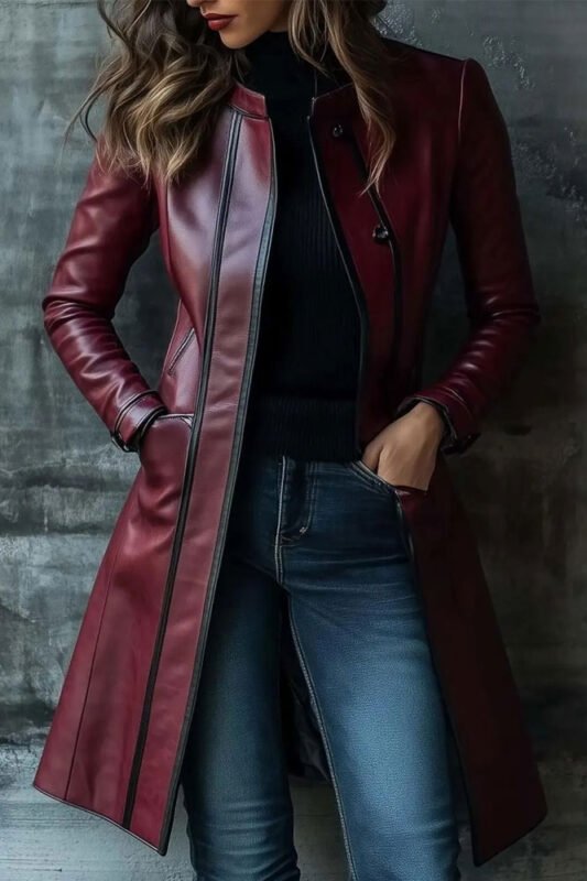 Women's Burgundy Long Leather Coat