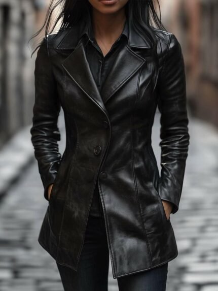 Women's Black Lapel Slim-Fit Leather Coat