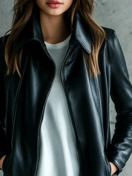 Women's Black Lapel Button Leather Coat
