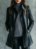 Women's Black Lapel Button Leather Coat