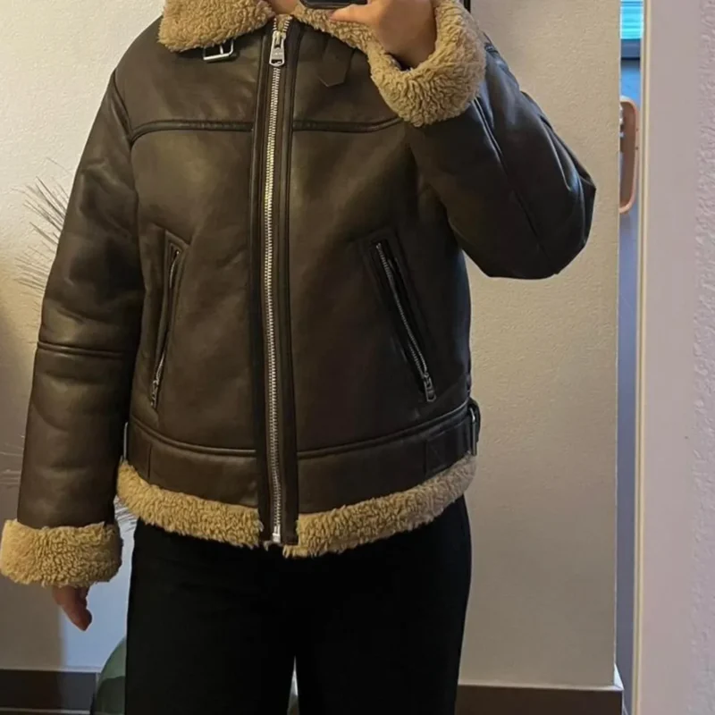 Women's Brown Sheepskin Bomber Leather Jacket