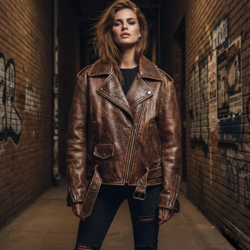 Women's Heavy Waxy Biker Leather Jacket